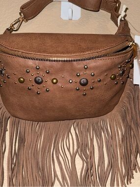 Jessica Simpson Fringe Crossbody Bag with Stud Details - Brown